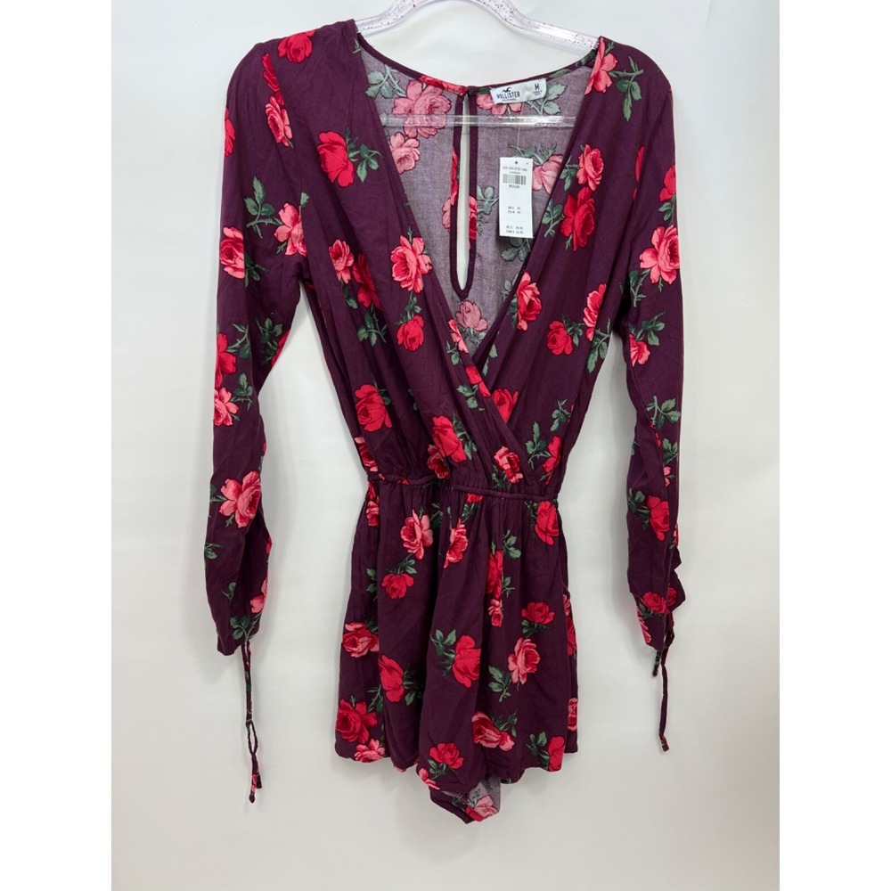 Hollister Romper Maroon Rose Print V-Neck 3/4 Sleeves Dress Romper Womens Sz M
